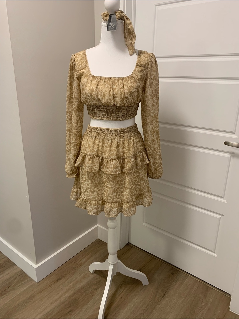 Japna Beige Floral Ruffle Mini Skirt Set